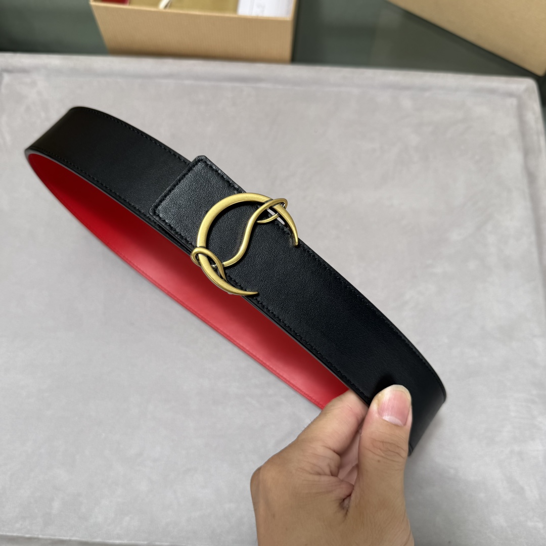  配包装盒3.8宽Christian Louboutin 男士Ricky标志性徽标搭扣黑色腰带红色底，双
