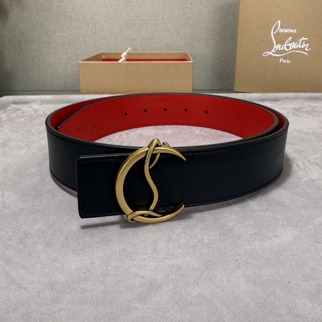  配包装盒3.8宽Christian Louboutin 男士Ricky标志性徽标搭扣黑色腰带红色底，双