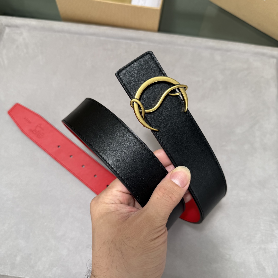  配包装盒3.8宽Christian Louboutin 男士Ricky标志性徽标搭扣黑色腰带红色底，双