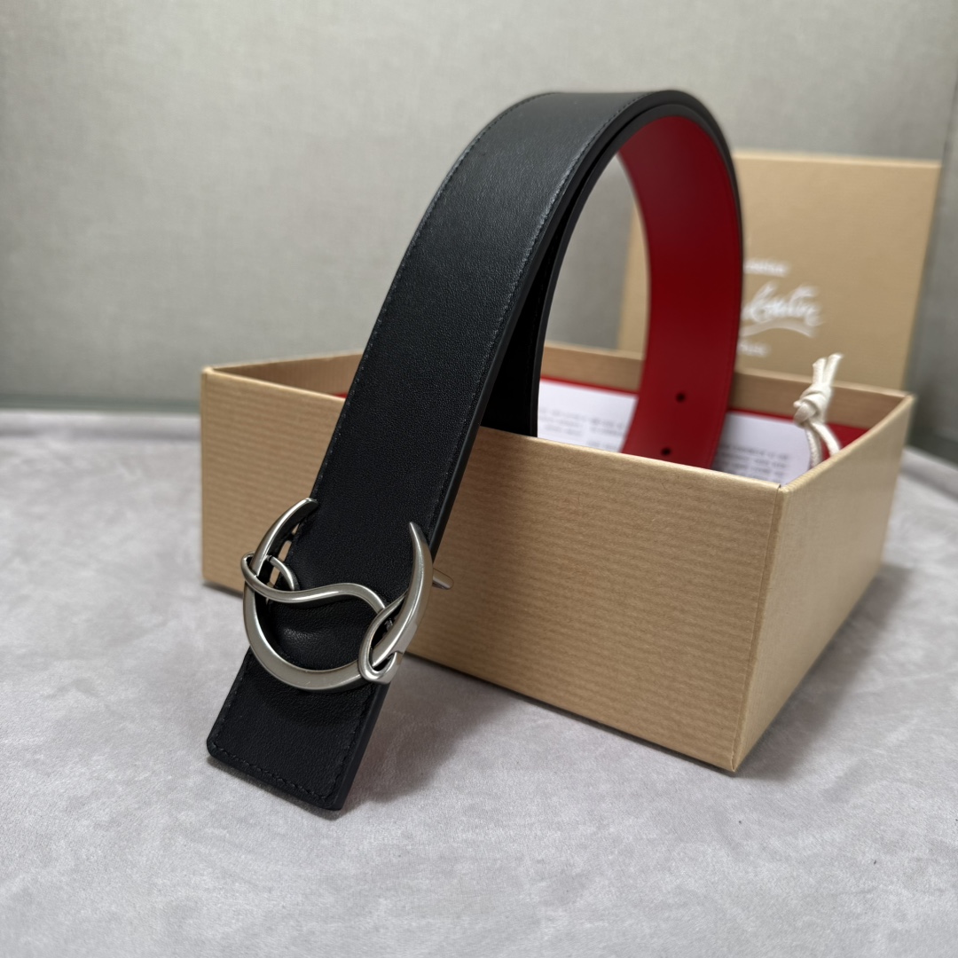  配包装盒3.8宽Christian Louboutin 男士Ricky标志性徽标搭扣黑色腰带红色底，双