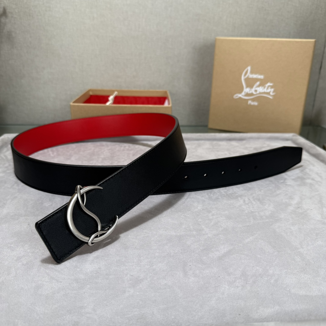  配包装盒3.8宽Christian Louboutin 男士Ricky标志性徽标搭扣黑色腰带红色底，双