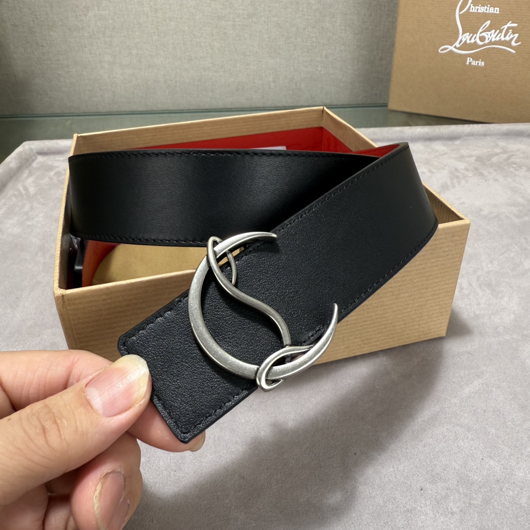 配包装盒3.8宽Christian Louboutin 男士Ricky标志性徽标搭扣黑色腰带红色底，双