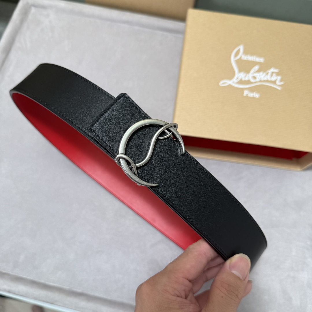  配包装盒3.8宽Christian Louboutin 男士Ricky标志性徽标搭扣黑色腰带红色底，双
