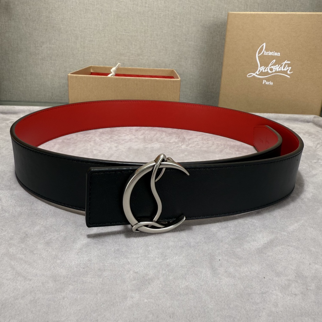  配包装盒3.8宽Christian Louboutin 男士Ricky标志性徽标搭扣黑色腰带红色底，双