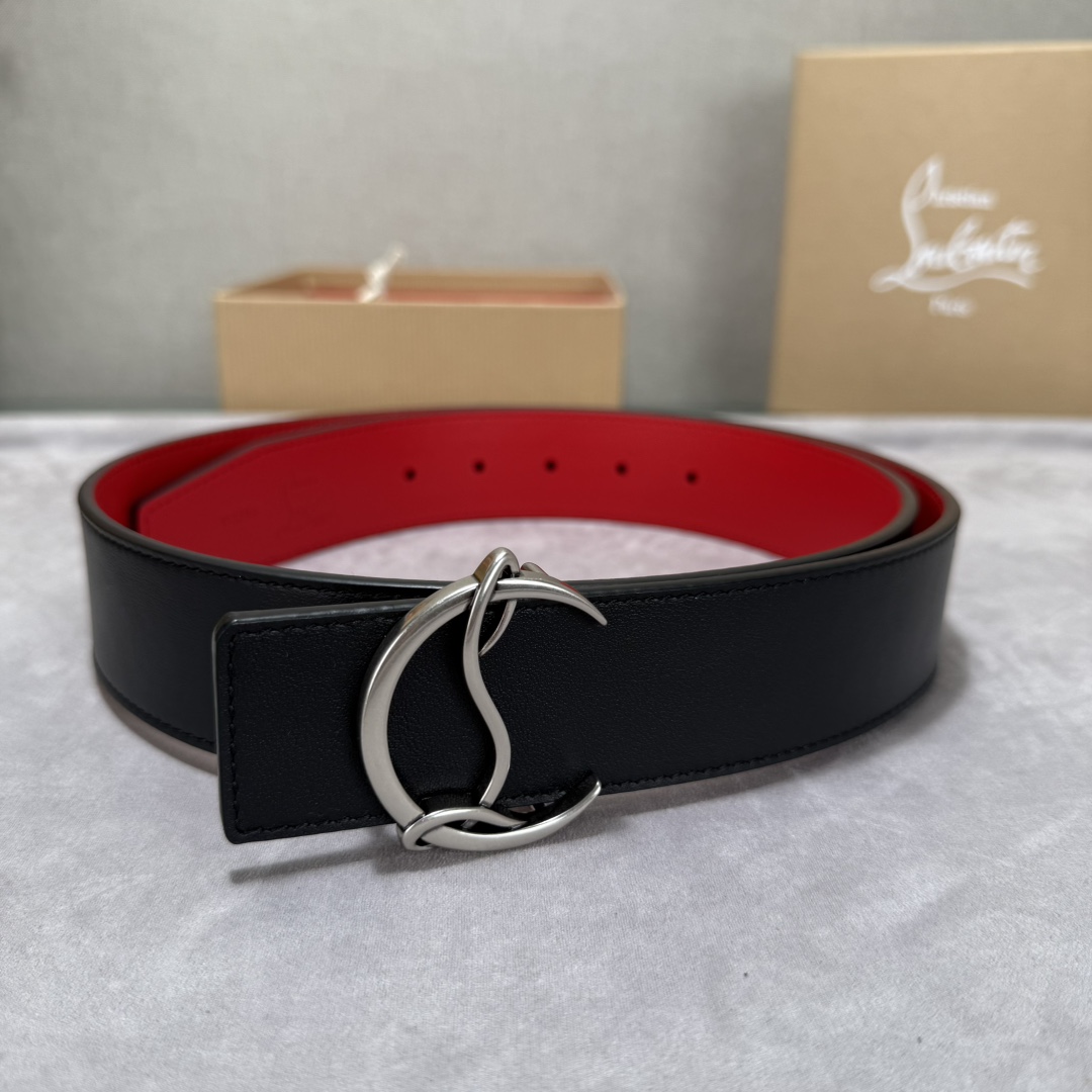  配包装盒3.8宽Christian Louboutin 男士Ricky标志性徽标搭扣黑色腰带红色底，双