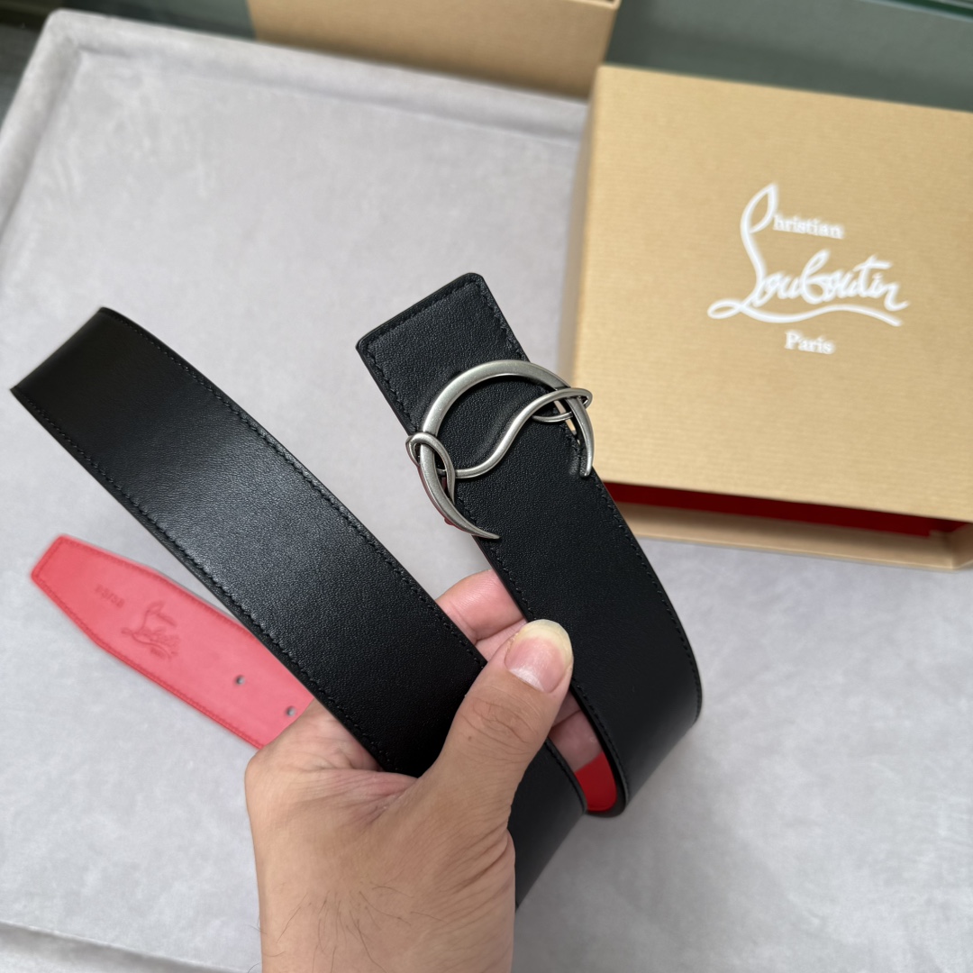  配包装盒3.8宽Christian Louboutin 男士Ricky标志性徽标搭扣黑色腰带红色底，双