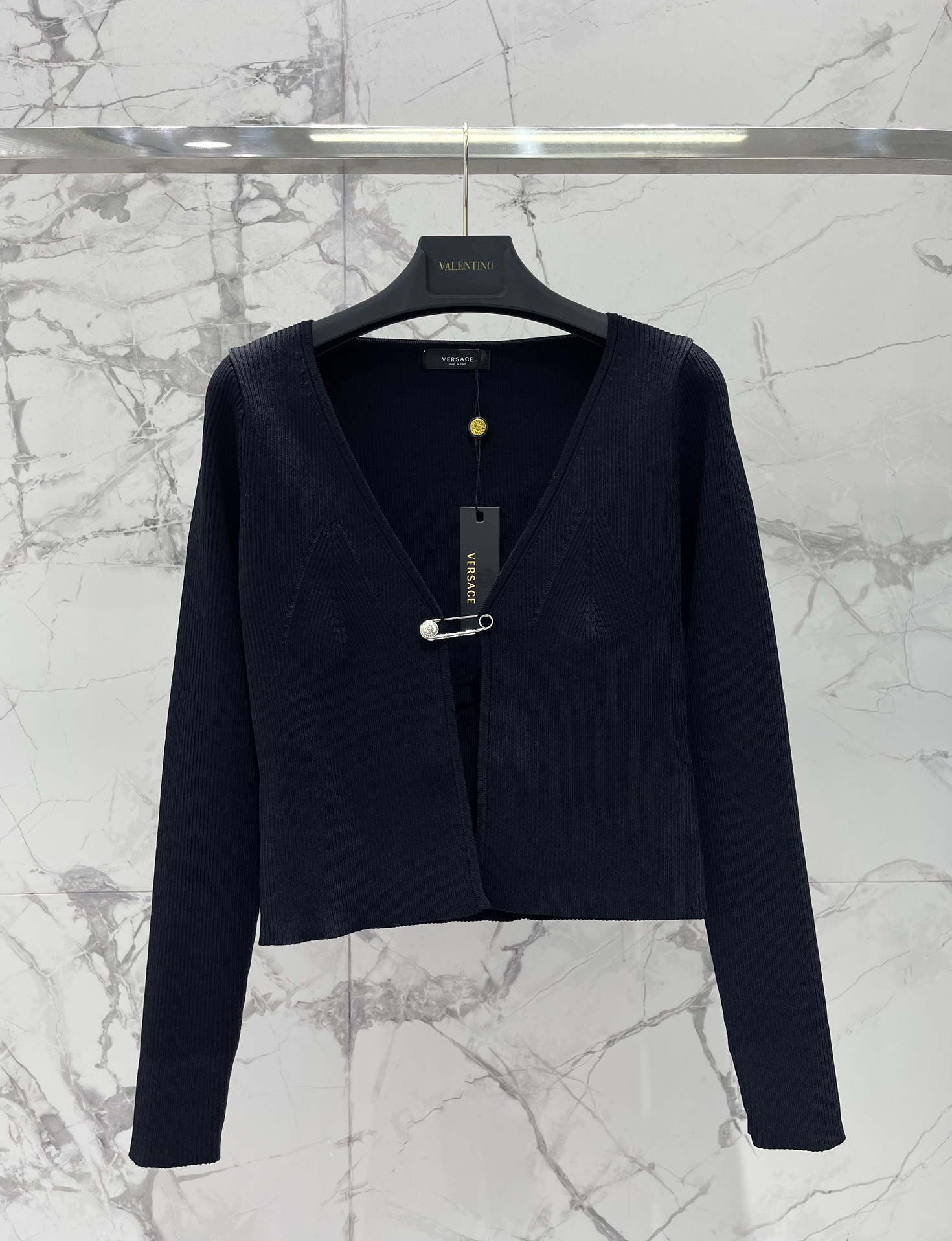 Versace Safety Pin Ribbed Knit Cardigan - Retro & Chic, Slim Fit 2 i1747622116 7492 0