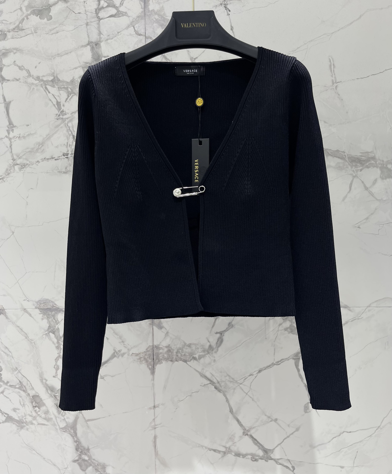 Versace Safety Pin Ribbed Knit Cardigan - Retro & Chic, Slim Fit 3 i1747622116 9884 1