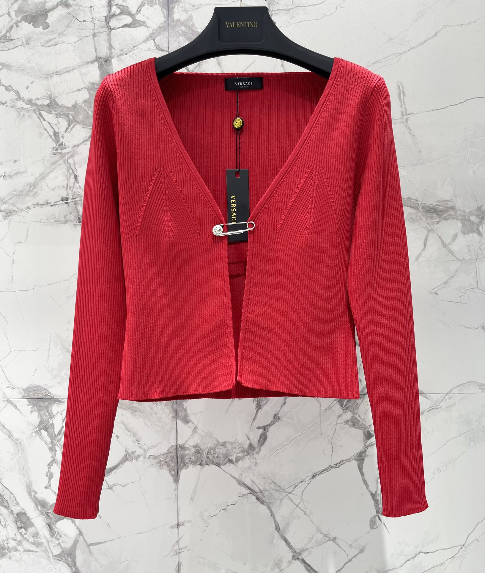 VERSACE Safety Pin Ribbed Knit Slim Cardigan - Retro & Modern Style 3 i1747622210 1190 1
