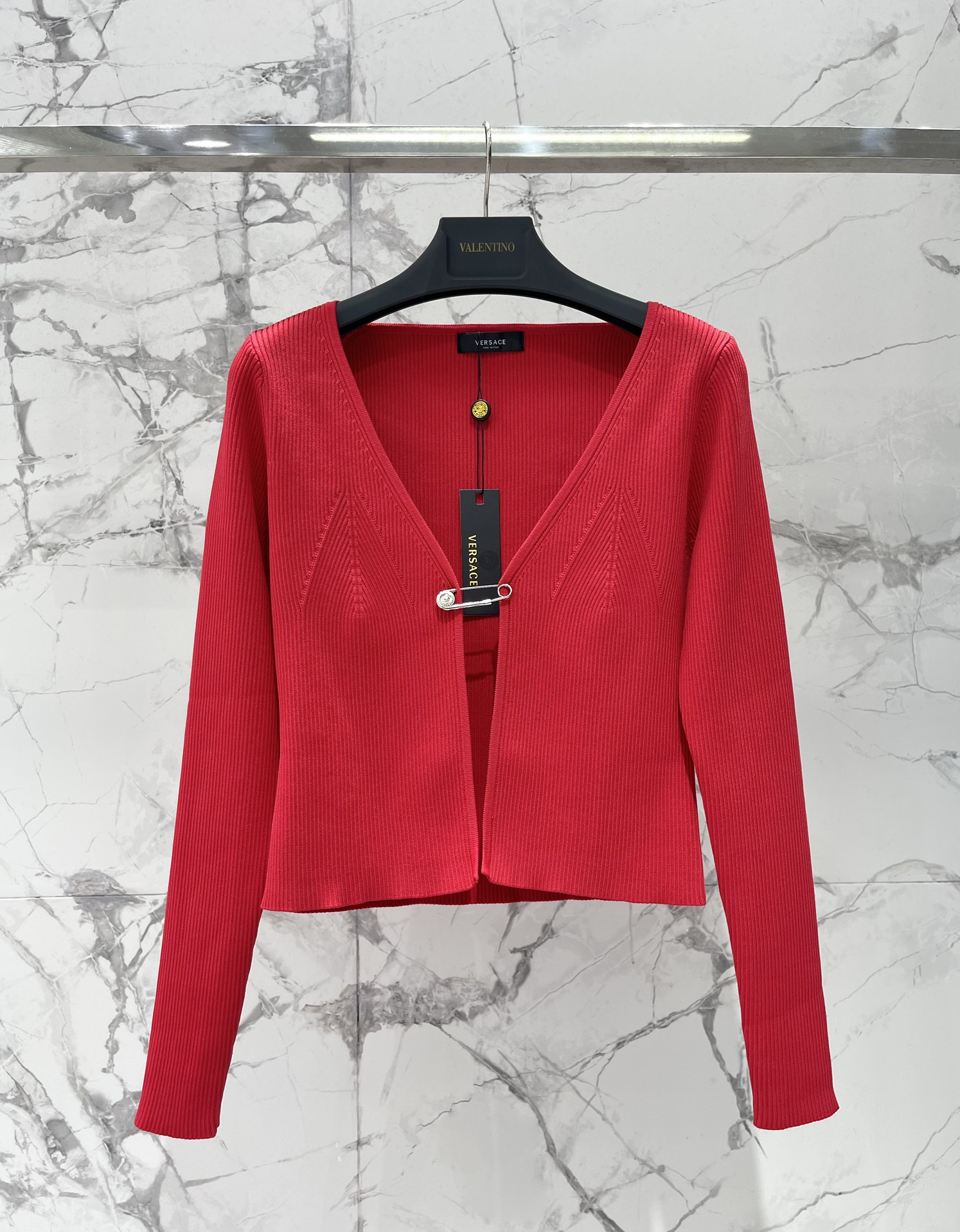 VERSACE Safety Pin Ribbed Knit Slim Cardigan - Retro & Modern Style 2 i1747622210 2392 0