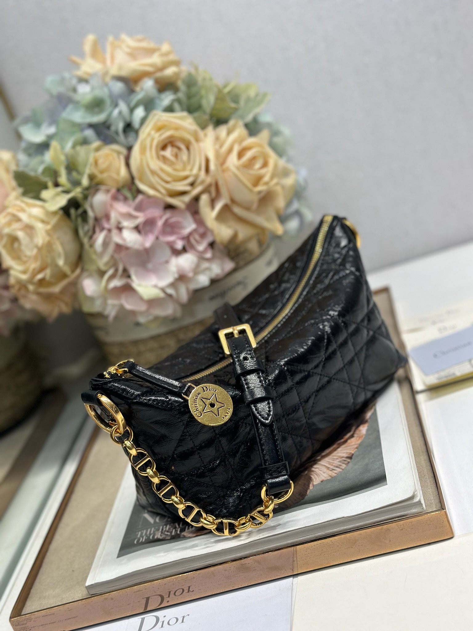 Diorrstar Hobo Chain Bag: Black Waxed Leather, Iconic Cannage Stitching 2 i1747636107 4443 1