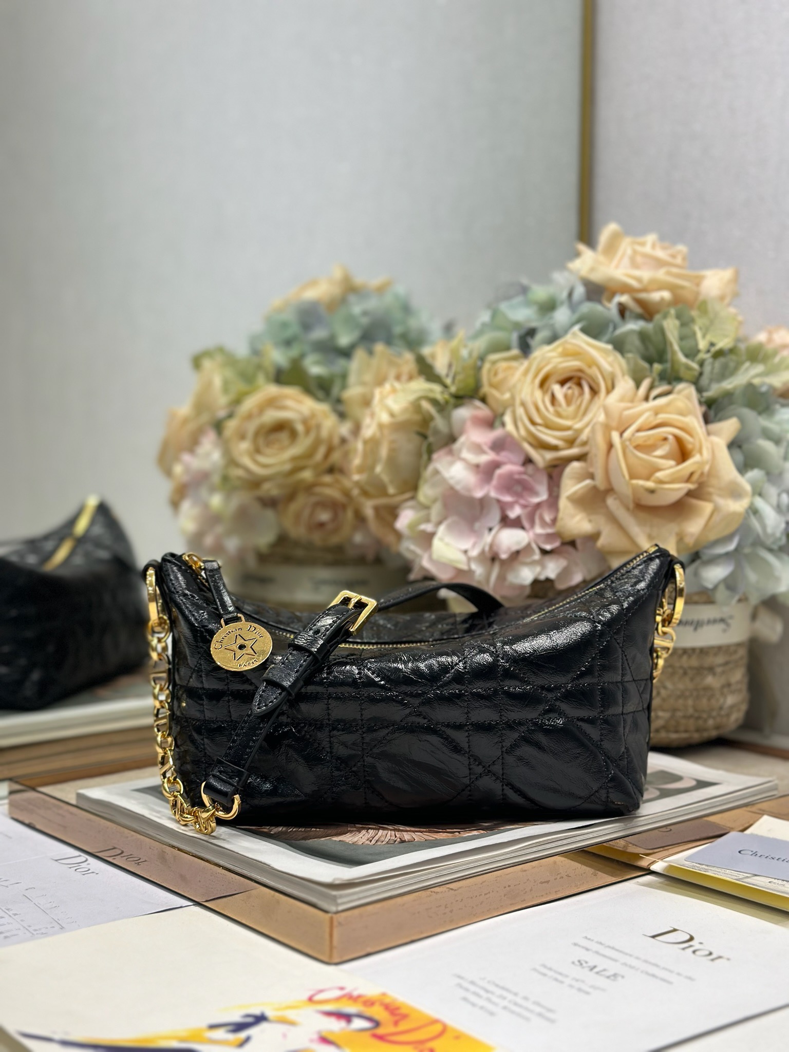 Diorrstar Hobo Chain Bag: Black Waxed Leather, Iconic Cannage Stitching 1 i1747636107 782 0