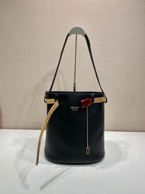 Prada Buckle Black Leather Bucket Bag with Chain and Belt Detail 1 Prada Buckle Black Leather Bucket Bag with Chain and Belt Detail