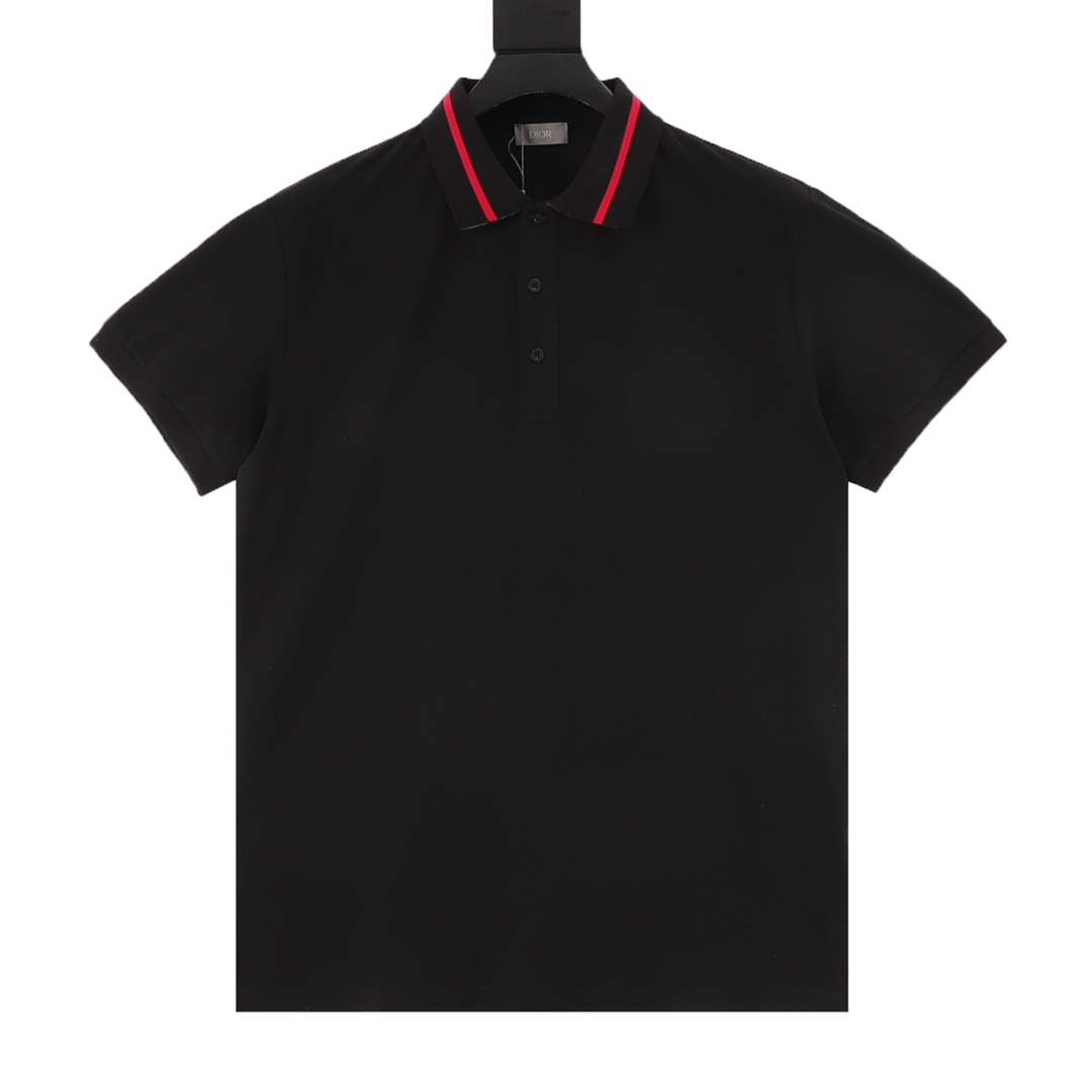 Dior 25SS Black Cotton Pique Polo Shirt with Jacquard Collar Detail