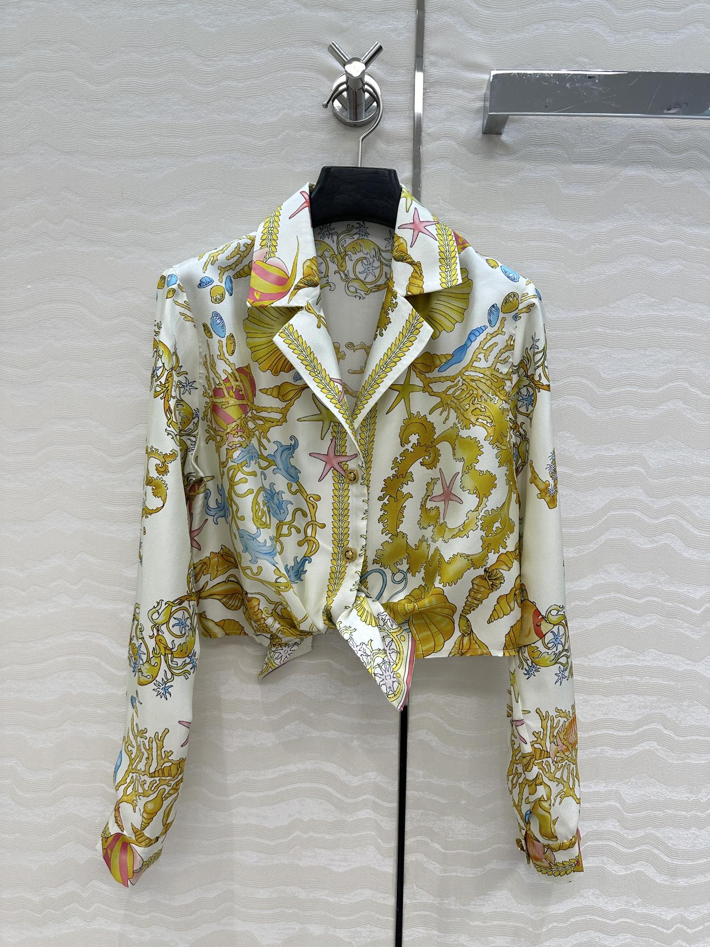 Silk Tie-Front Shirt with Ocean Print, Summer Cropped Top