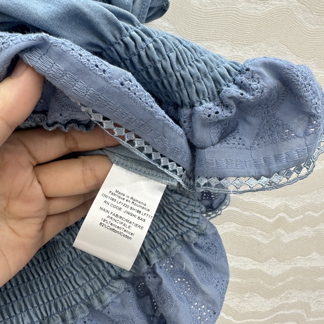 独家首发！高端原单品质，⛱️ zm南法度假风穿搭，波嬉风 法式刺绣拼接一字肩 吊带 泡泡袖 三种穿法牛仔