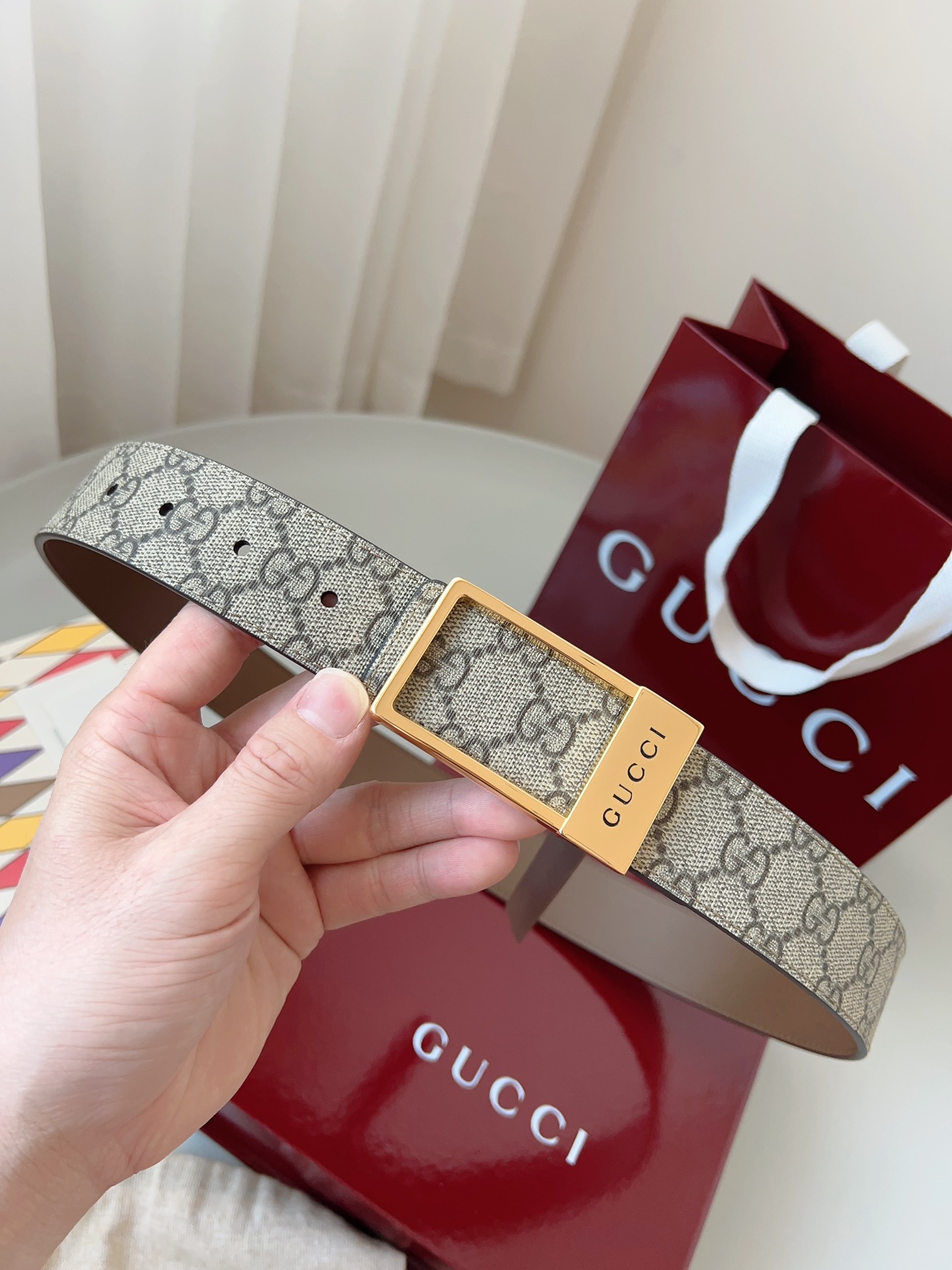 Gucci GG Supreme Belt with Double G Buckle, Narrow Width, Made in Italy