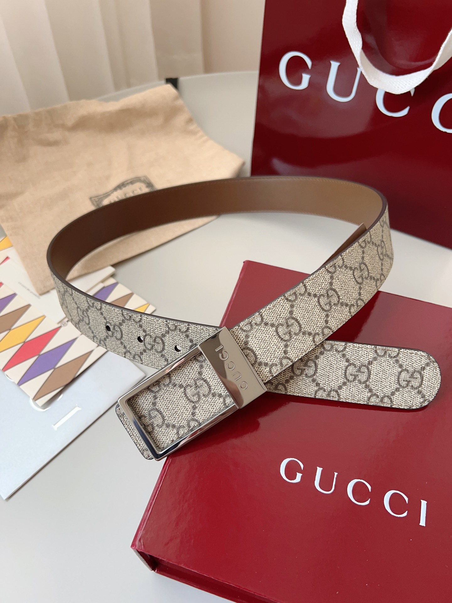 Gucci GG Supreme Monogram Leather Belt with Double G Buckle, 3.5cm Width