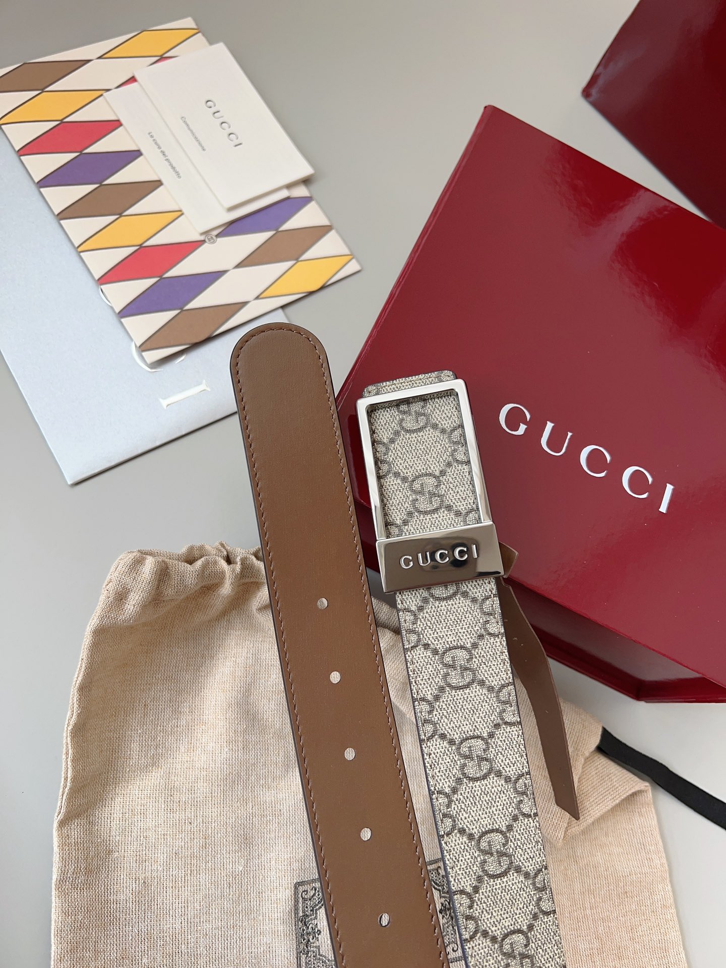 Gucci GG Supreme Belt with Double G Buckle, Narrow Width, Beige and Brown