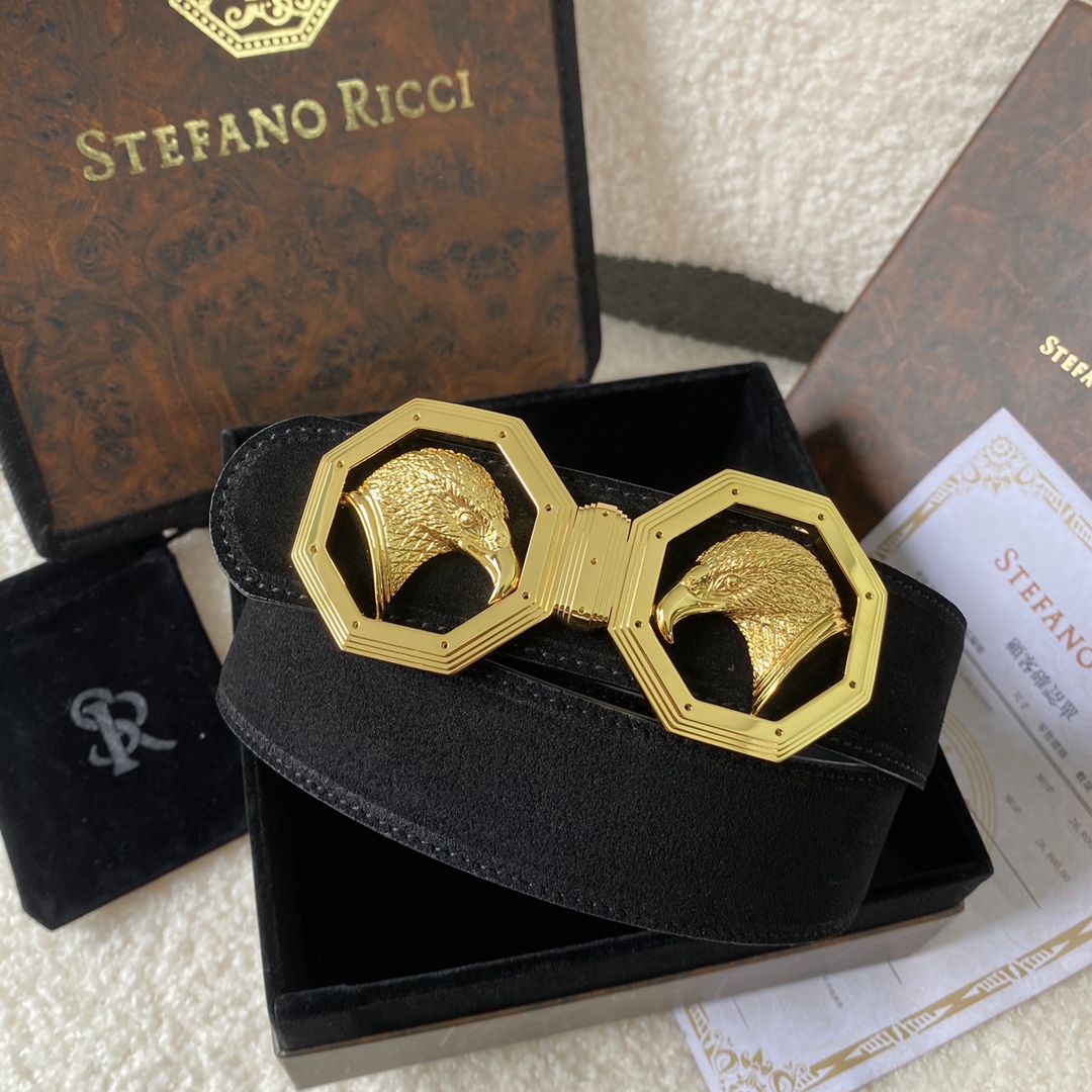 Stefano Ricci Riem met Adelaarsgesp - Luxe Accessoire voor Heren - Zwart Leer