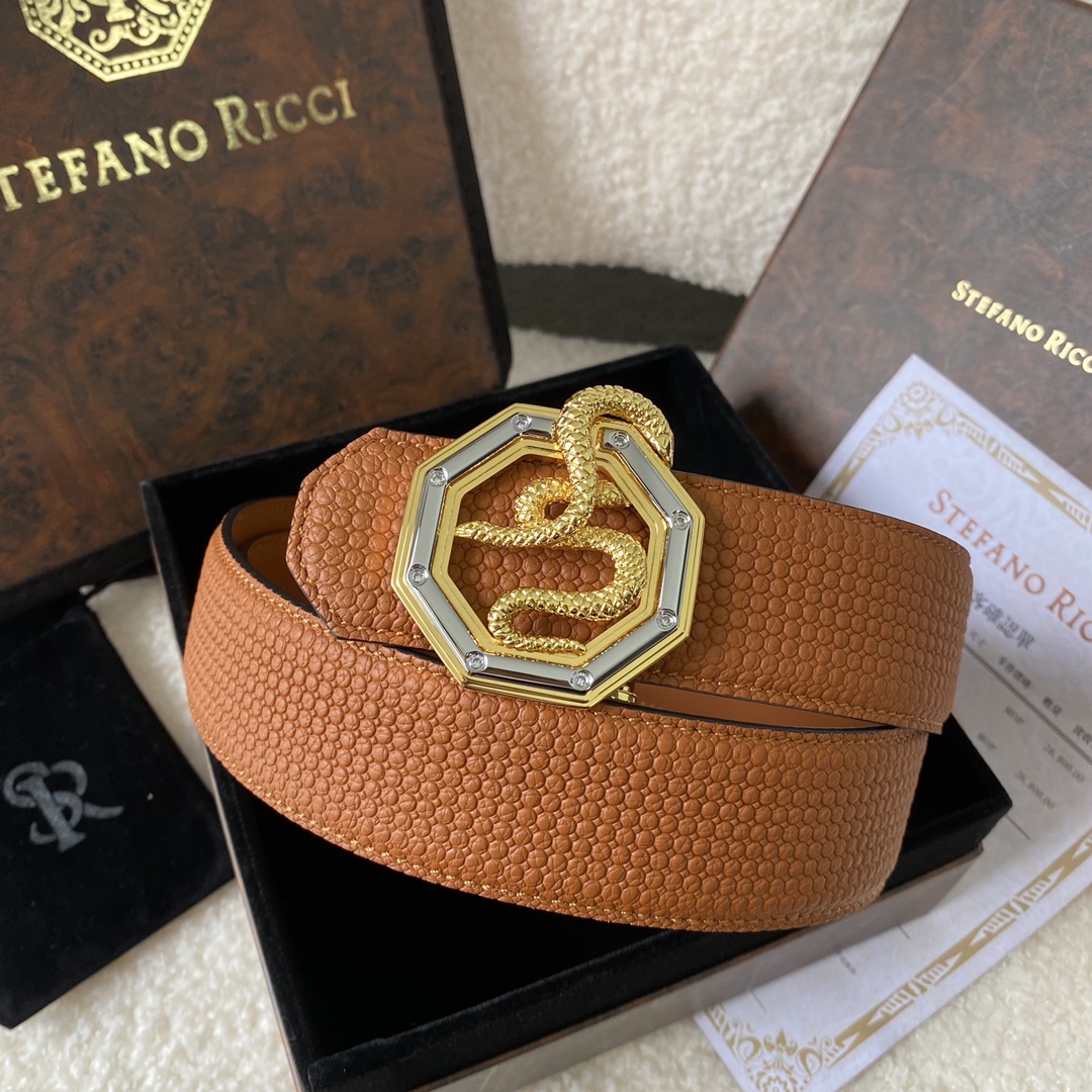 Stefano Ricci Men's Leather Belt with Snake Buckle, Brown, 38mm Width
