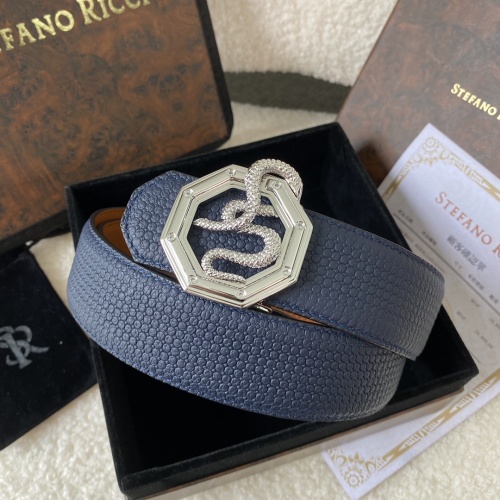 Stefano Ricci Men's Blue Leather Belt with Snake Buckle,3.8 cm Width