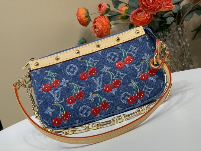 Louis Vuitton Takashi Cherry Pochette Accessoires Blue Denim Handbag 1 Louis Vuitton Takashi Cherry Pochette Accessoires Blue Denim Handbag