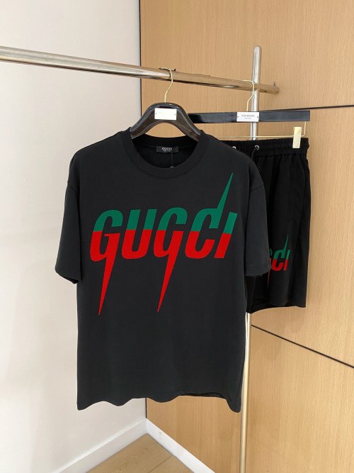 Gucci 2025 Men's Black Cotton Short Sleeve and Shorts Set - Modern Logo 1 Gucci 2025 Men's Black Cotton Short Sleeve and Shorts Set - Modern Logo