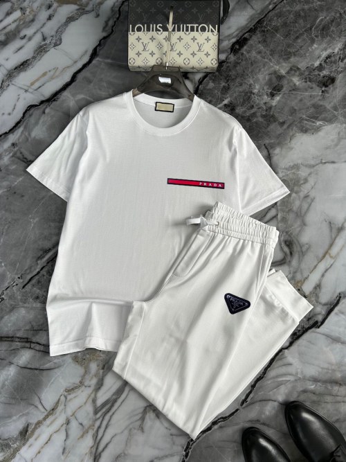 Prada Men's White Cotton Summer T-Shirt & Shorts Set, Fashionable and Trendy 1 Prada Men's White Cotton Summer T-Shirt & Shorts Set, Fashionable and Trendy