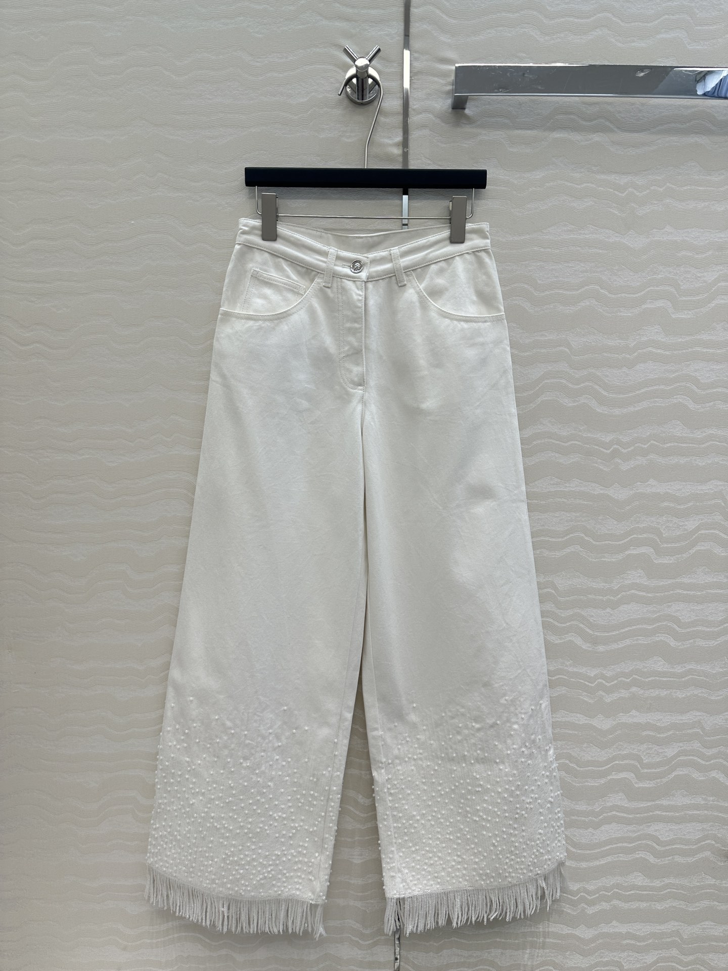 Chanel White Denim Wide Leg Pants with Pearl and Tassel Details