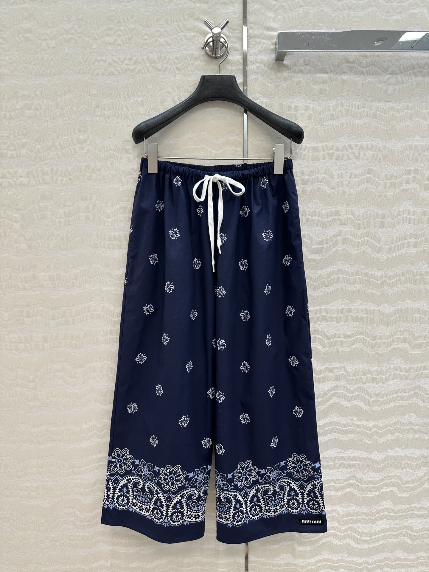 Miu Miu Navy Blue Paisley Print Cropped Pants Elastic Waist Cotton