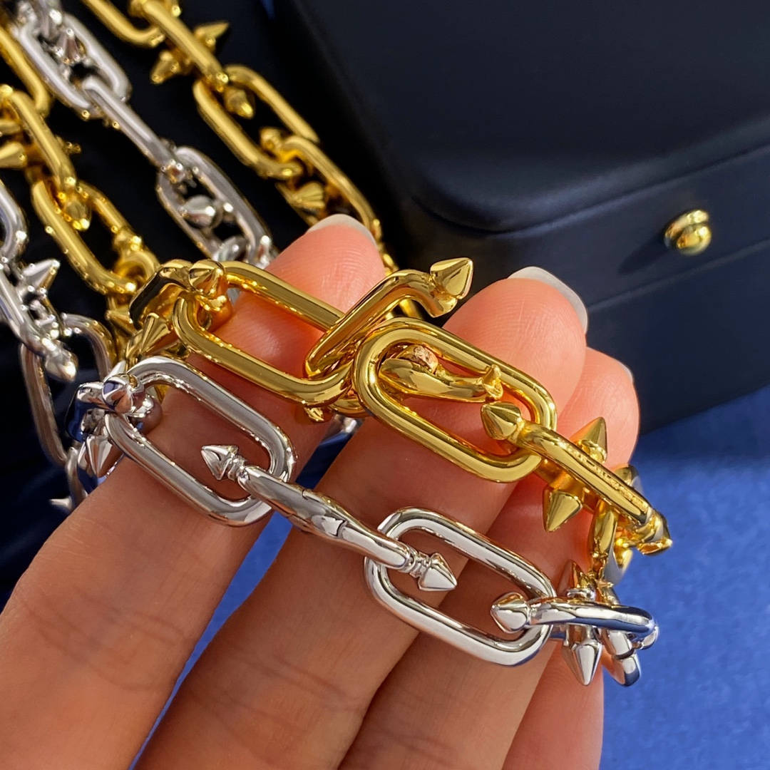 DF80  Tiffany蒂芙尼TFN新款欧美时尚金属光面三叉戟铆钉链条环环相扣项链黄铜材料电镀18K金 金色银色2个色