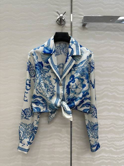VE Summer Silk Tie-Front Shirt with Ocean Print - Chic & Lightweight 1 VE Summer Silk Tie-Front Shirt with Ocean Print - Chic & Lightweight
