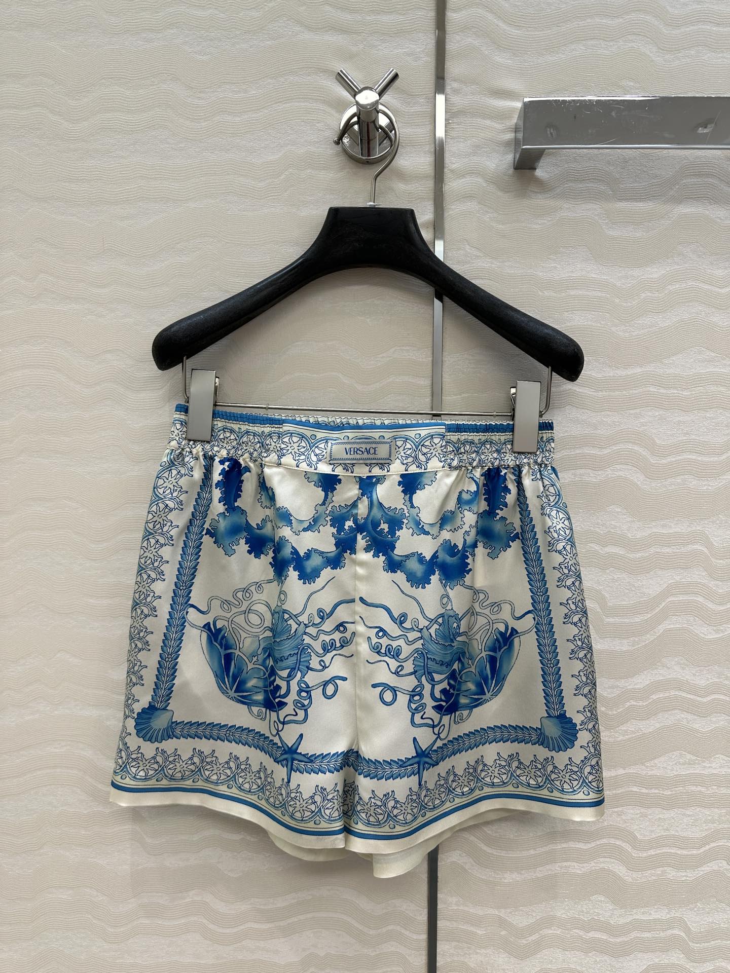 Versace Women's Silk Shorts - Ocean Print Elastic Waistband - Slim Fit