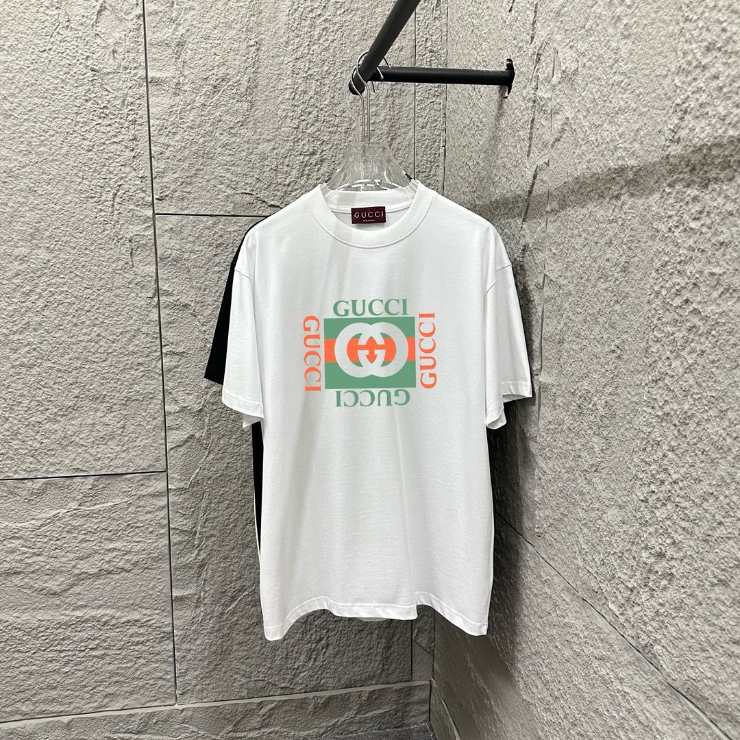 Gu 古驰* 2025 primavera/verano nuevo estilo, camiseta de manga corta con estampado clásico de doble G en el pecho, tejido…