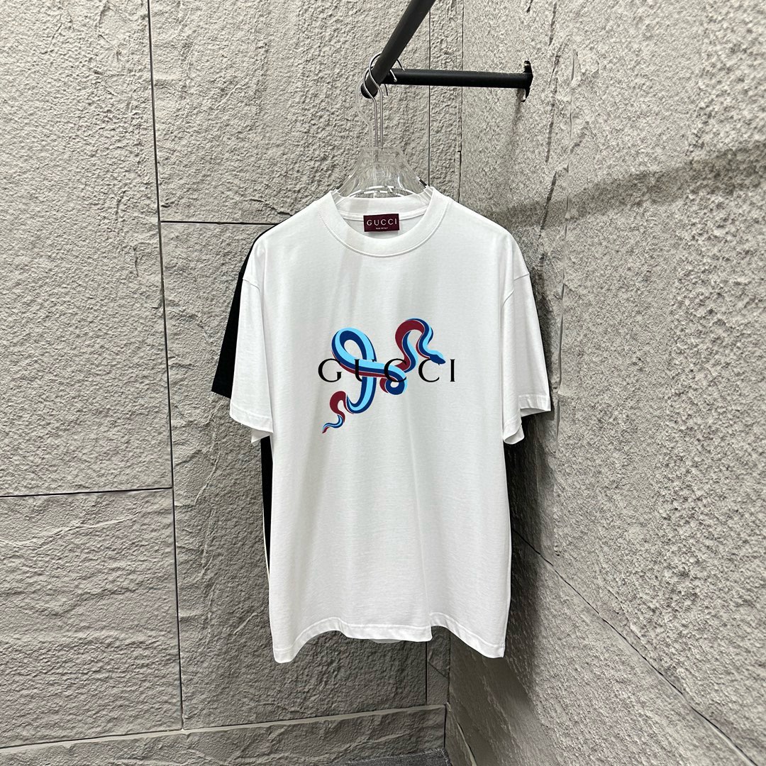 Gu 古驰* 2025 Año de la Serpiente, nuevo estilo de primavera/verano, camiseta de manga corta con estampado de doble G y i…