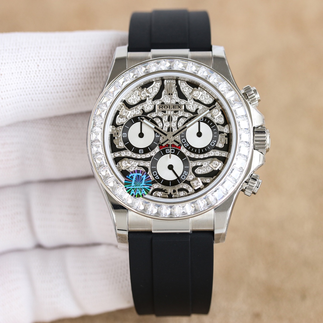 NO:337160,Unified Rolex Ditona, we will think of motorsports, Paul Newman, and Panda dial, TW launched a new cosmic dial from Rolex, 116588TBR. The dial uses a Moissanite diamond pacified dial, which resembles a unique shape of a tiger. 