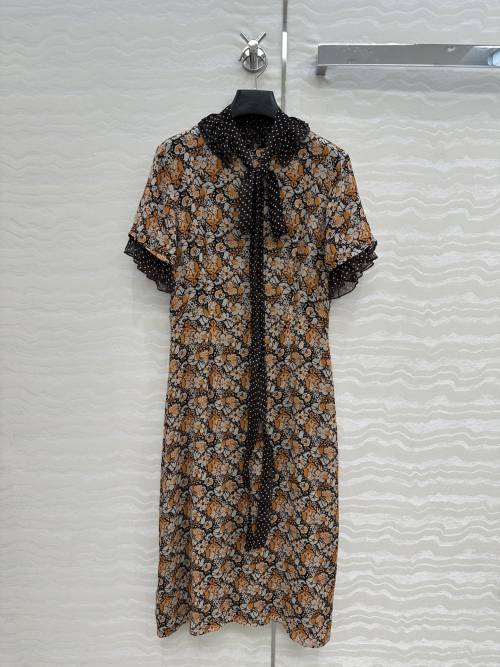 Elegant Floral Print Silk Dress with Detachable Bow, Vintage Style 1 Elegant Floral Print Silk Dress with Detachable Bow, Vintage Style