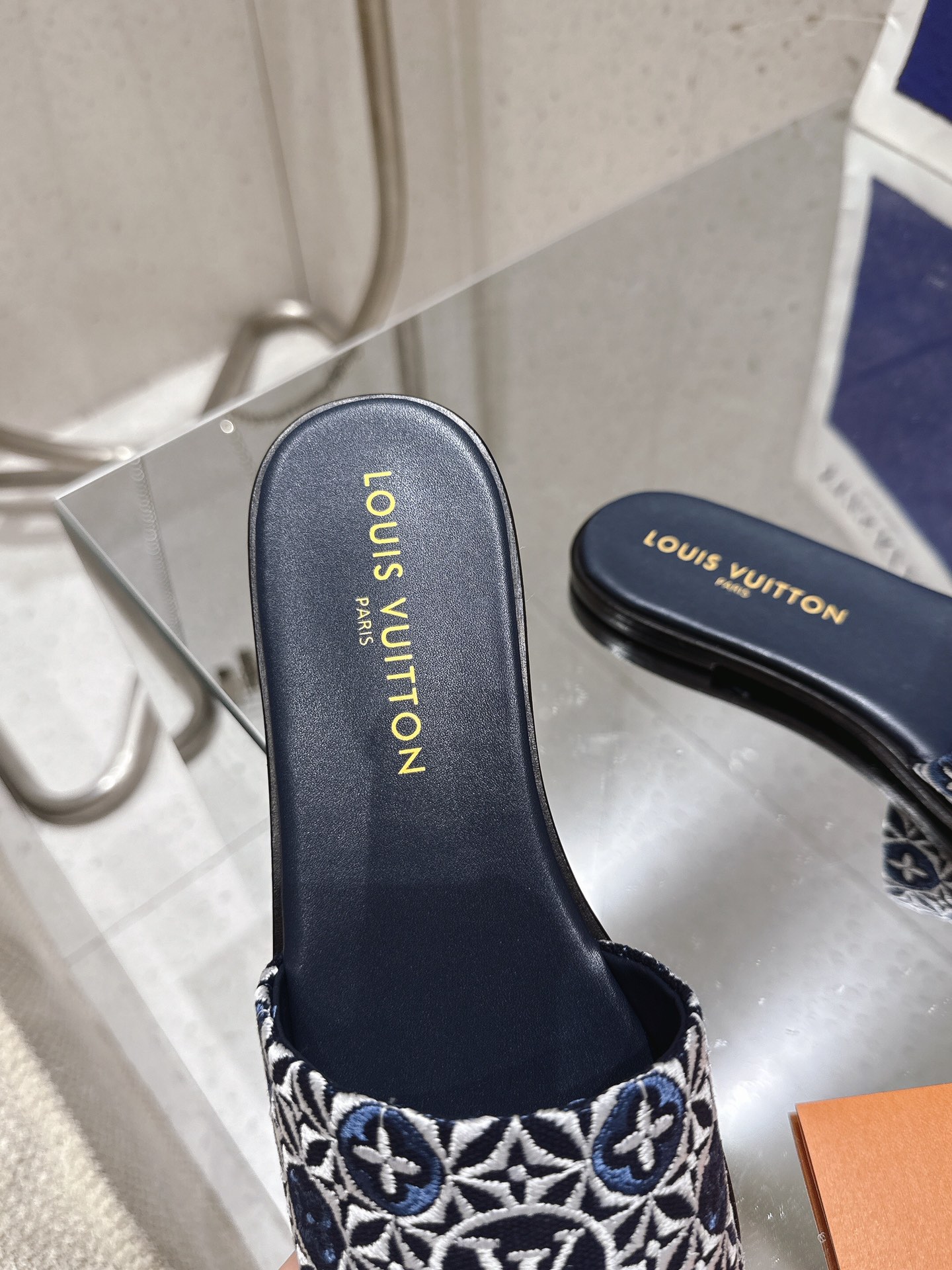 Louis Vuitton Women's Blue Monogram Flower Print Platform Slide Sandals 7 i1748242600 8981 6