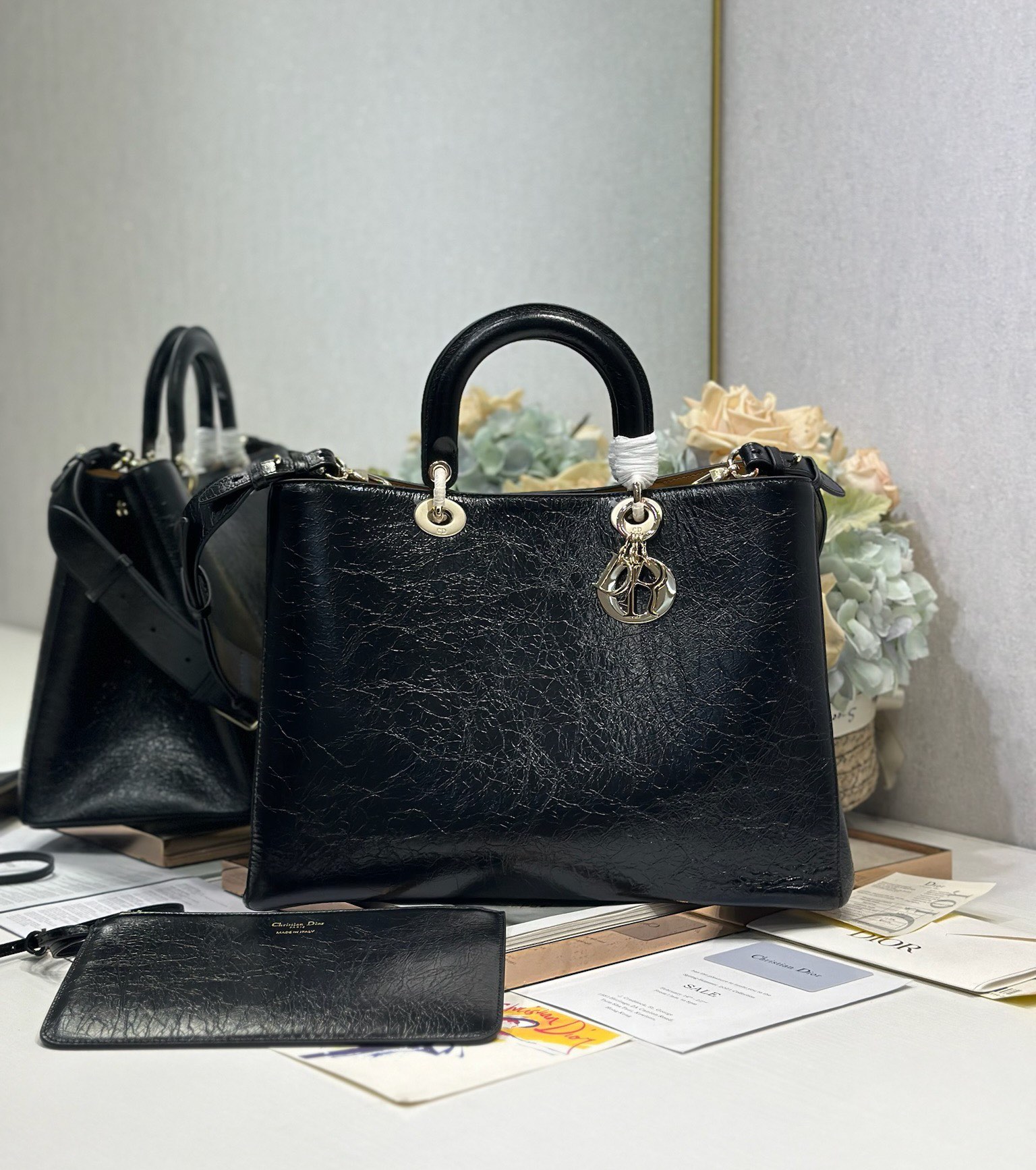 Dior Toujours Black Crinkled Large Tote Bag with CD Lock and Charm 1 i1748594857 969 0