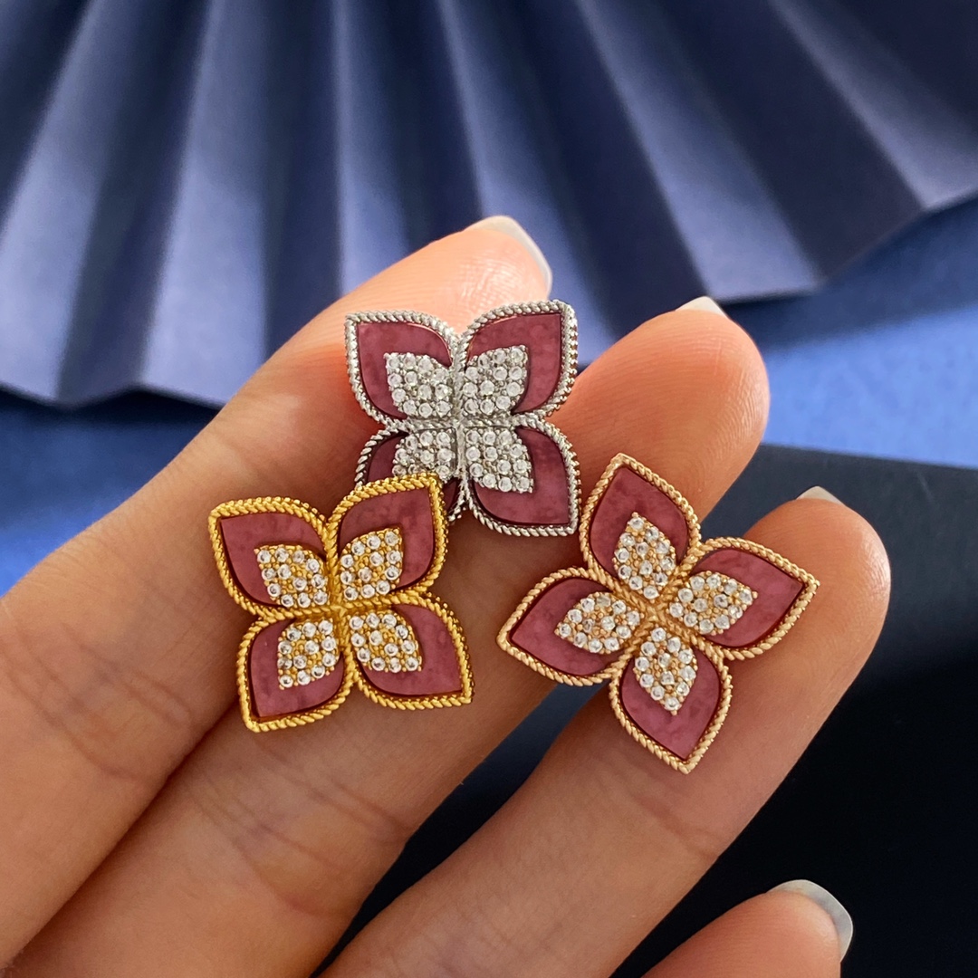  RC80 65 65
Roberto Coin珂瑛 镶钻四瓣花 贝母粉玉髓四叶花 耳钉 黄铜材料电镀1