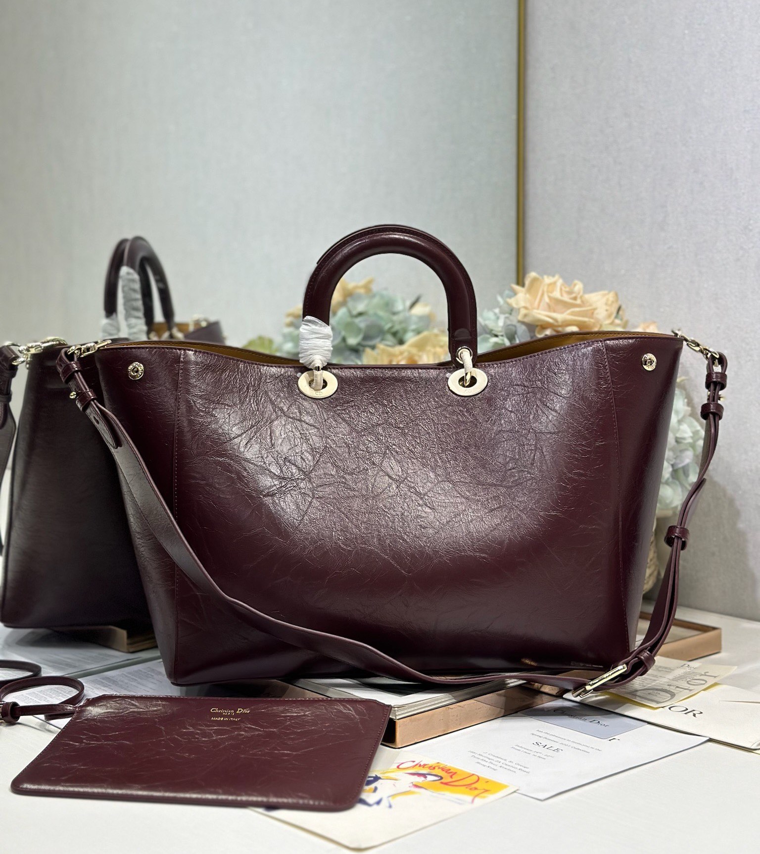 Dior Toujours Large Burgundy Crinkled Leather Tote Bag with CD Lock 6 i1748759797 282 4