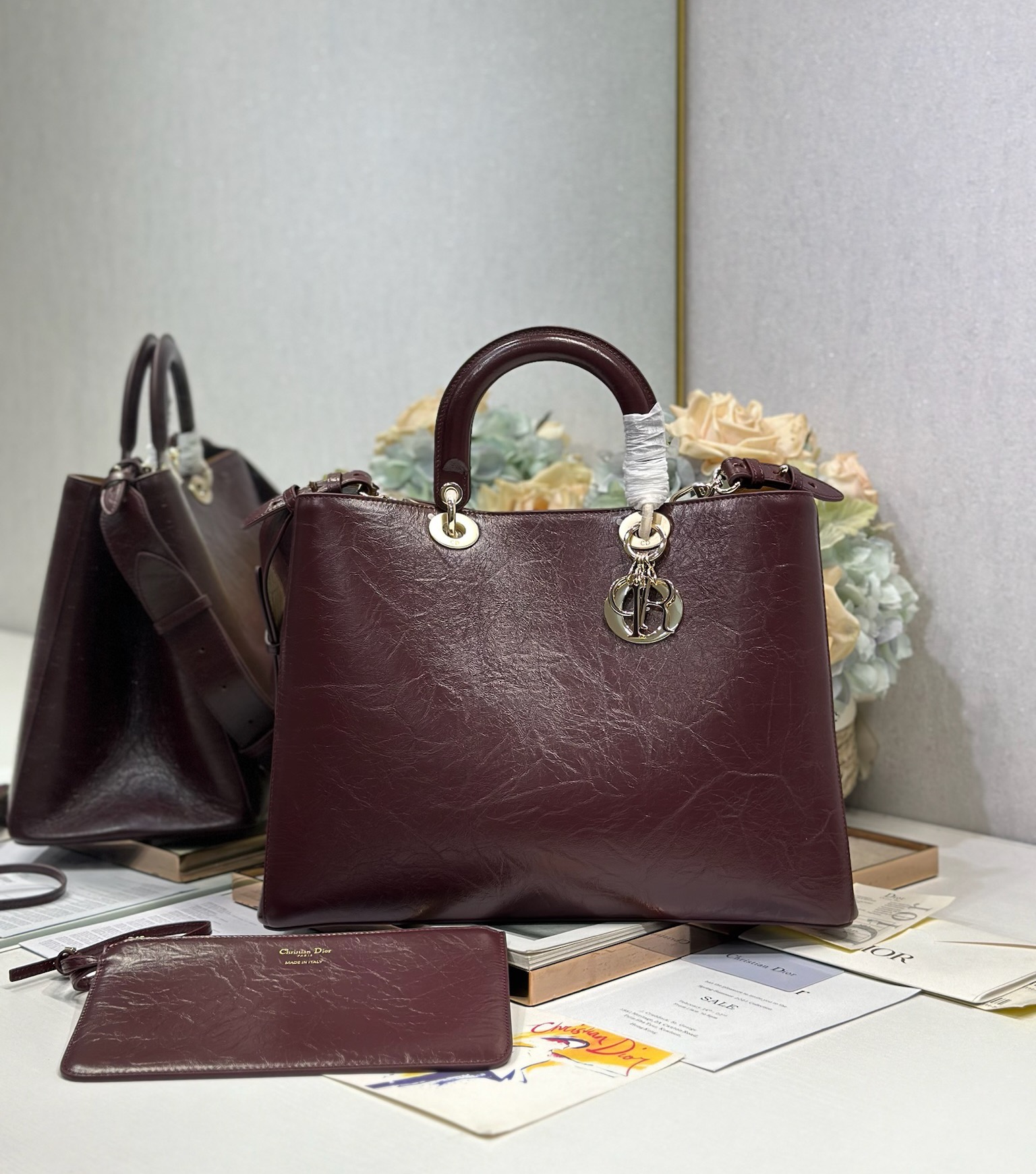 Dior Toujours Large Burgundy Crinkled Leather Tote Bag with CD Lock 2 i1748759797 3099 0