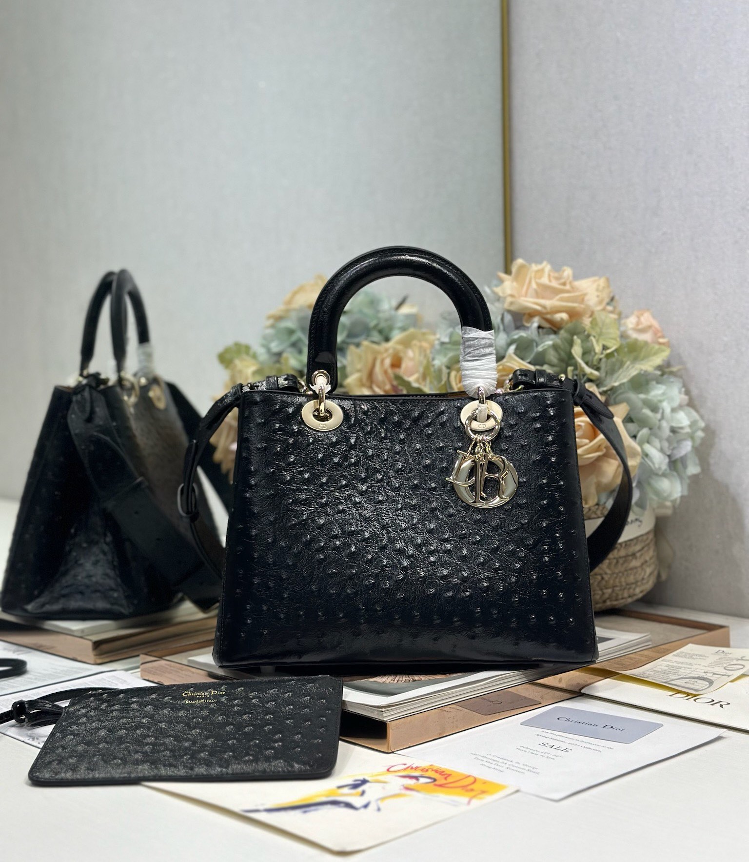 Dior Toujours Medium Bag: Black Ostrich-Effect Leather, CD Lock Closure 2 i1748761006 4393 0