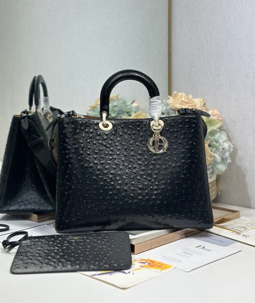 Dior Toujours Large Black Ostrich-Effect Grained Calfskin Bag with CD Lock 1 Dior Toujours Large Black Ostrich-Effect Grained Calfskin Bag with CD Lock