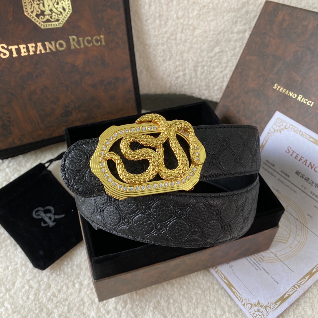 Stefano Ricci Herenriem - Zwart Leer met Gouden Slanggesp - 38mm Breed