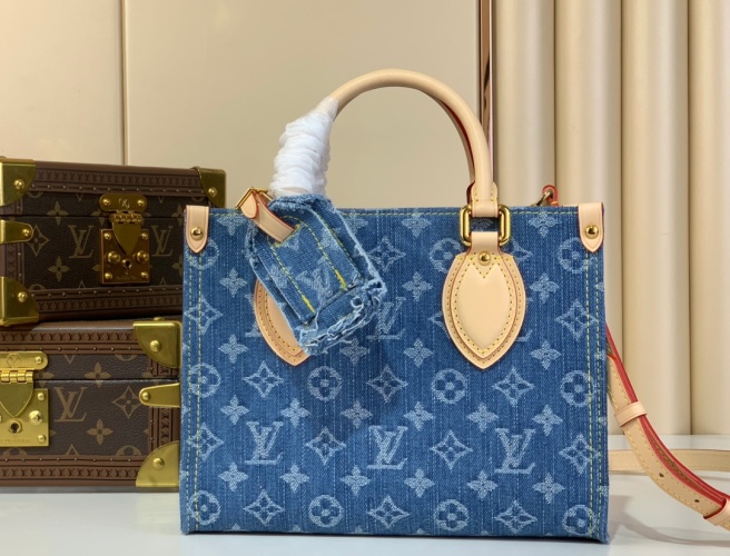 Louis Vuitton OnTheGo Small Handbag Monogram Denim Blue Leather Trim 1 Louis Vuitton OnTheGo Small Handbag Monogram Denim Blue Leather Trim