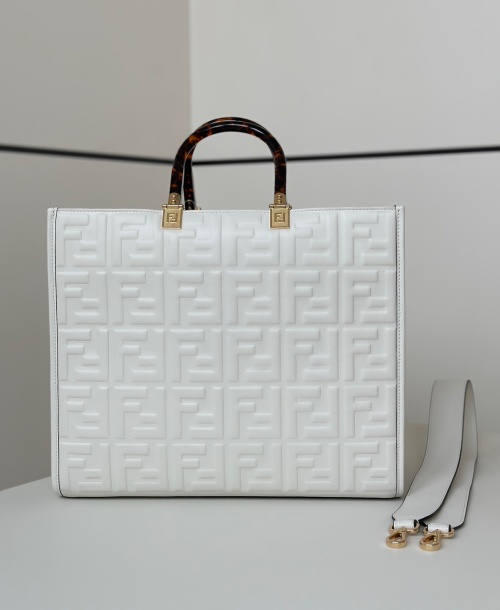 Fendi Embossed Leather Tote Bag with Top Handle and Shoulder Strap, White 1 Fendi Embossed Leather Tote Bag with Top Handle and Shoulder Strap, White
