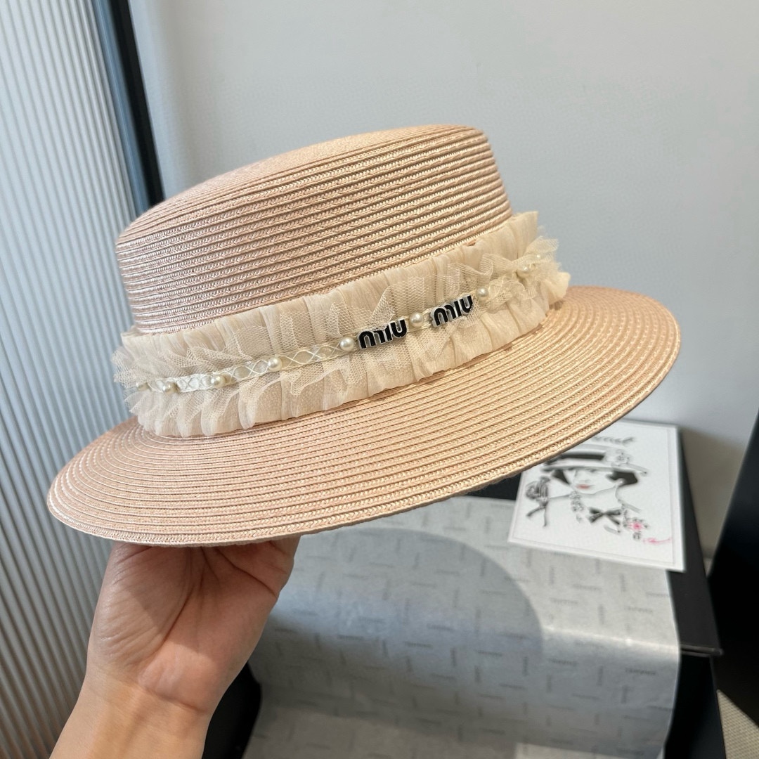 [Miu Miu Hats]Miumiu Miu Miu new flat-top hat PP straw fabric Head circumferen