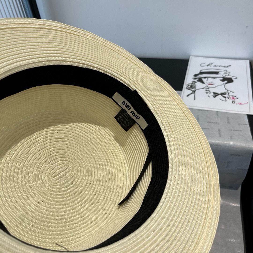 [Miu Miu Hats]Miumiu Miu Miu new flat-top hat PP straw fabric Head circumferen